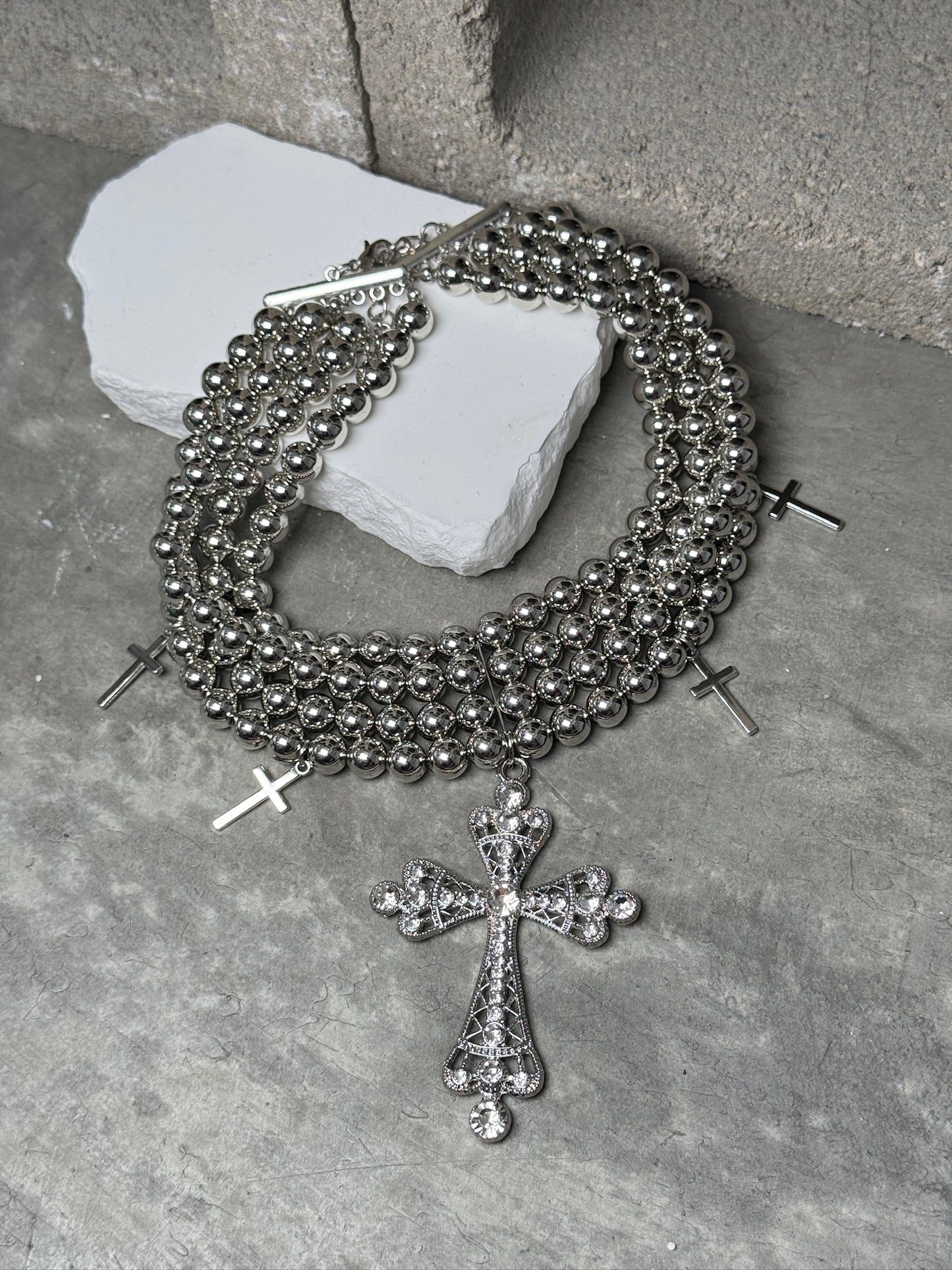 Triple Blessing Beaded Cross Necklace 14" w/ Extender
