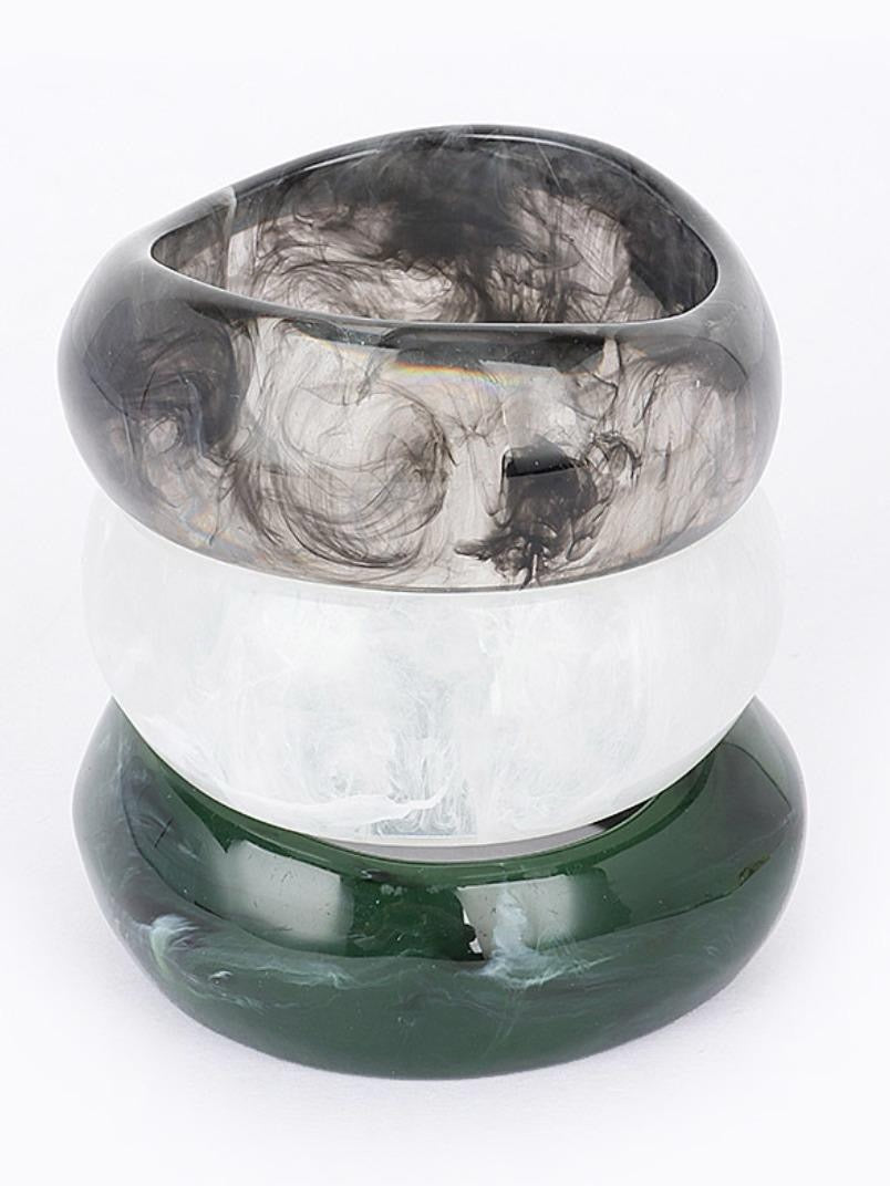 Multi Resin Bangle Trio 8" Wrist Circumference Unique Design with Green White and Grey Resin Elements Bangle Jewelry