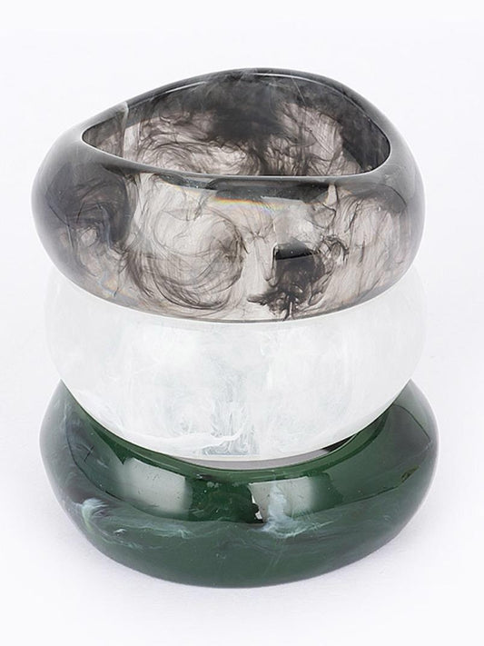 Multi Resin Bangle Trio 8" Wrist Circumference Unique Design with Green White and Grey Resin Elements Bangle Jewelry
