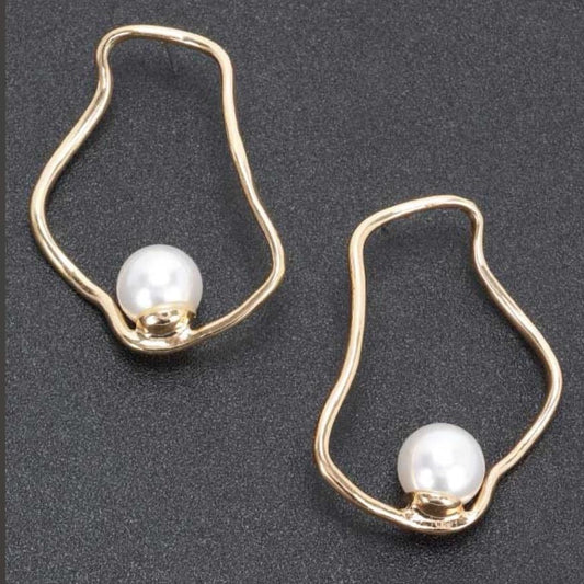 Gold Metric Pearl Drop Earrings - Elegant Unisex Design with Pearl Accent & Curved Gold Frame Jewelry