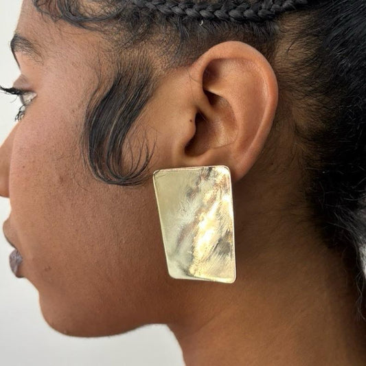 Chic Square Metal Clip On Earrings - Chunky Bubble Double Layer Design in Vibrant Gold Color for Casual & Special Occasions