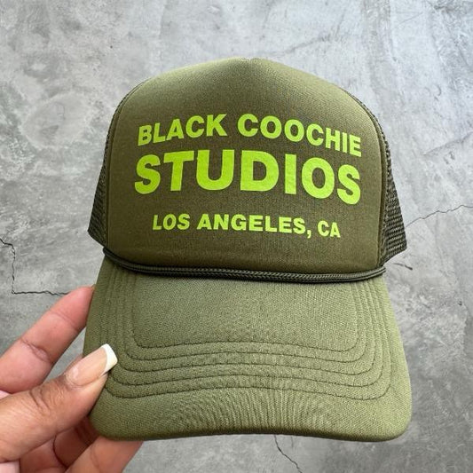 Olive Black Coochie Studios Adjustable Unisex Trucker Hat