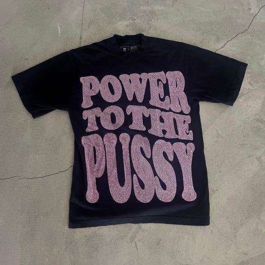Pink and Black Power to the P Rhinestoned Heavy Weight T-Shirt for Women