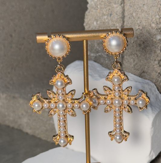 Pearl Cross Gold Earrings with Detailed Pearl Accents and Elegant Design