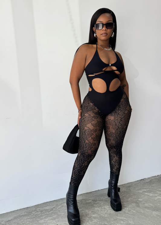 Womenswear Fishnet and Rhinestone Style Dress with Cutouts and Tights, Casual Look