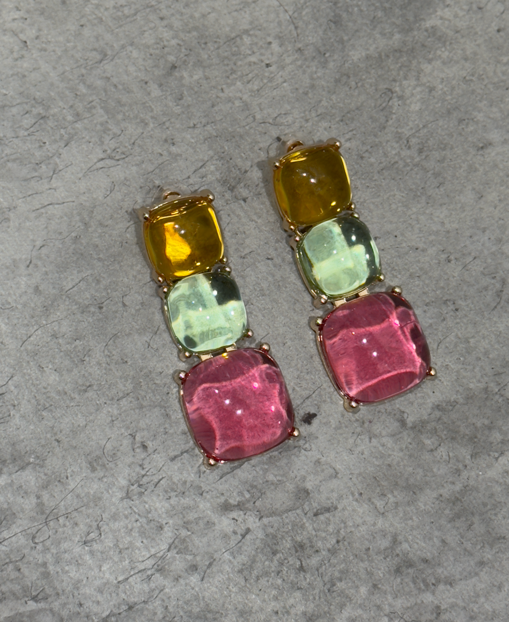 Lima Limon Multi Color Transparent Stone Drop Earrings - Yellow Green Pink Stones on Gold Tone Setting