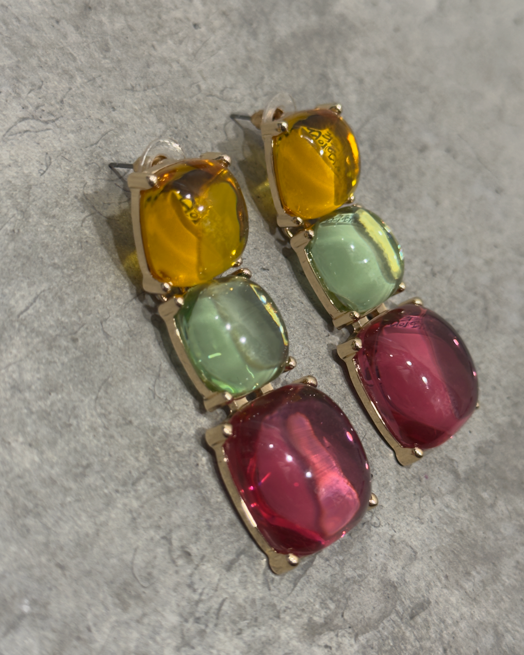 Lima Limon Multi Color Transparent Stone Drop Earrings - Yellow Green Pink Stones on Gold Tone Setting
