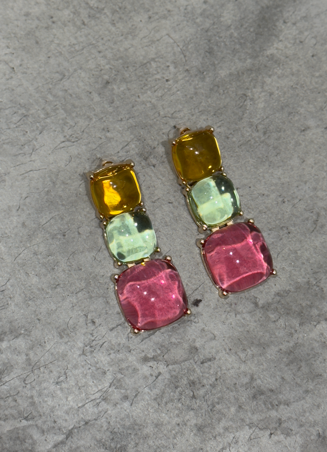 Lima Limon Multi Color Transparent Stone Drop Earrings - Yellow Green Pink Stones on Gold Tone Setting