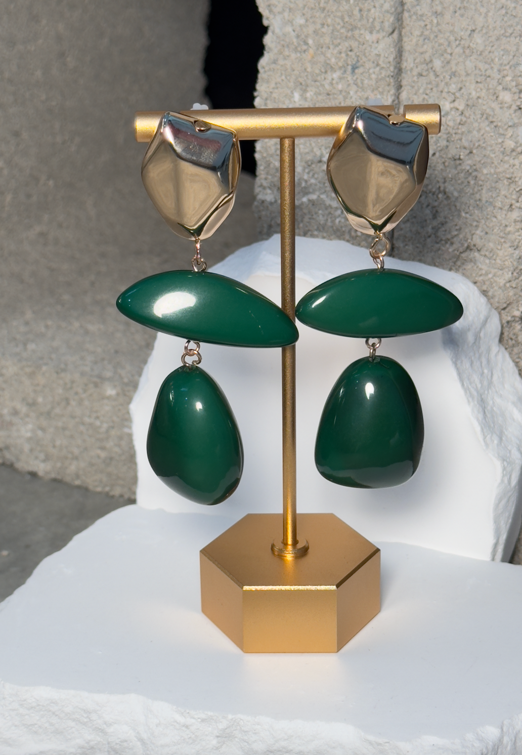 True Green Abstract Layer Drop Earrings - Three-Layer Design with Gold-Tone Top & Green Enamel Base - Lightweight & Comfortable Wear
